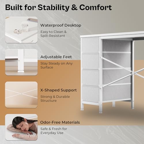 Huuger 63 Inch L Shaped Desk with Fabric Drawers, Reversible Computer Gaming Desk with Power Outlets and USB-C Port, Adjustable Side Storage Shelves