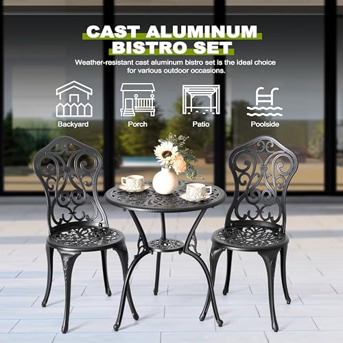 NUU GARDEN 3 Piece Bistro Set Outdoor, All Weather Cast Aluminum Patio Bistro Sets Patio Table and Chairs Set of 2 with Umbrella Hole for Yard