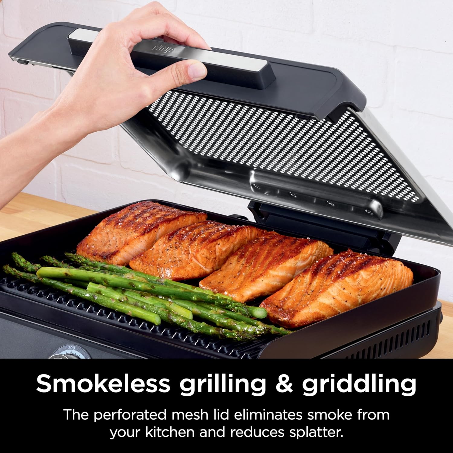 Ninja GR101 Sizzle Smokeless Indoor Grill & Griddle, 14'' Interchangeable Nonstick Plates, Dishwasher-Safe Removable Mesh Lid, 500F Max Heat