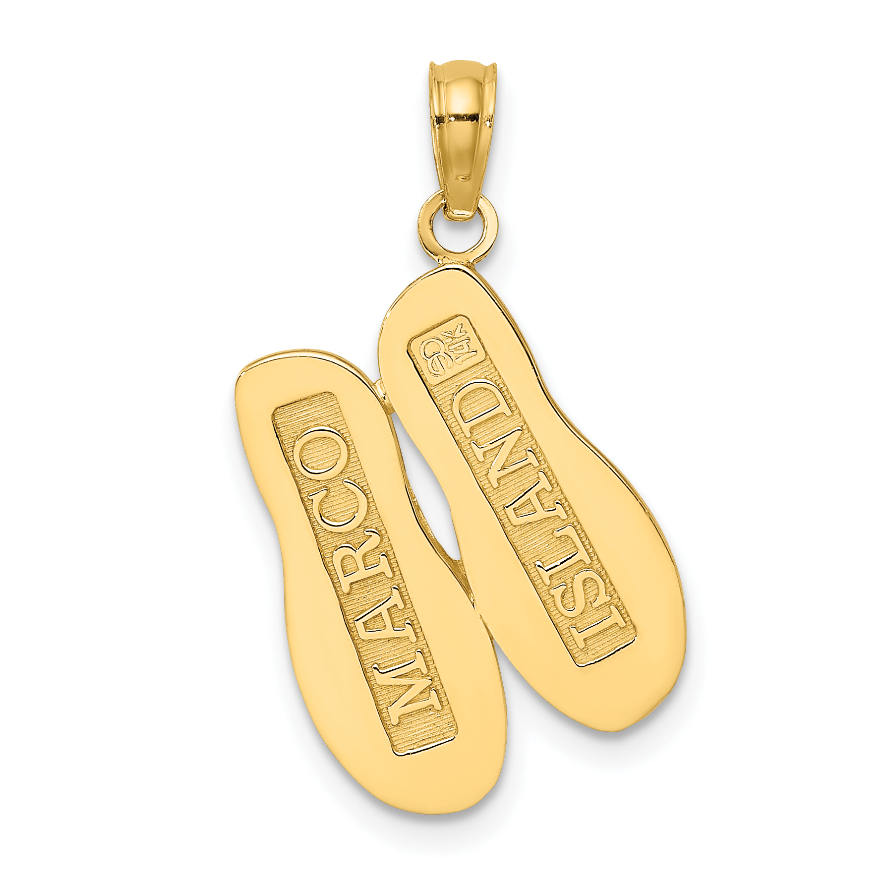 14k Yellow Gold Marco Island Words on Bottom of Flip Flop Sandals Pendant 7x13mm