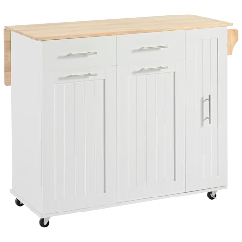 Farmhouse Kitchen Island with Power Outlet, Drop Leaf, Spice Rack and Drawer,Rolling Kitchen Cart on Wheels