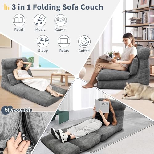 Folding Sofa Bed, Floor Couch for Adults Chair Bed, Convertible Sleeper Chair with Back Support Washable Cover
