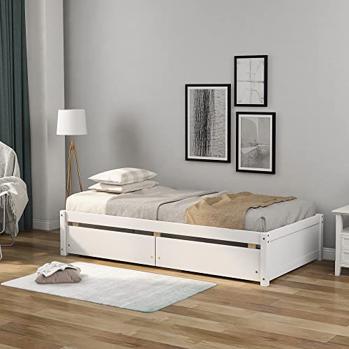 SOFTSEA Twin Size Platform Bed with Storage Drawers, Wooden Platform Bed Frame with 2 Drawers, Storage Platform Bed with Headboard