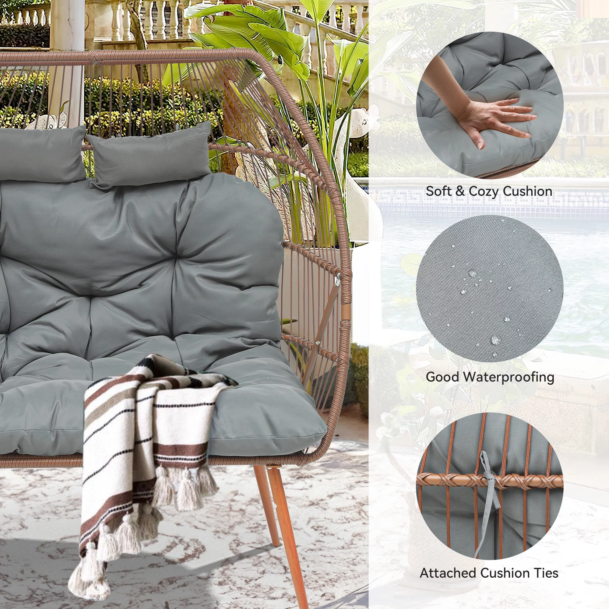 Dextrus Double Egg Chair with Legs 2 Person Wicker Egg Chair Indoor Outdoor Patio Egg Chair with Cushions 510lbs for Patio, Bedroom