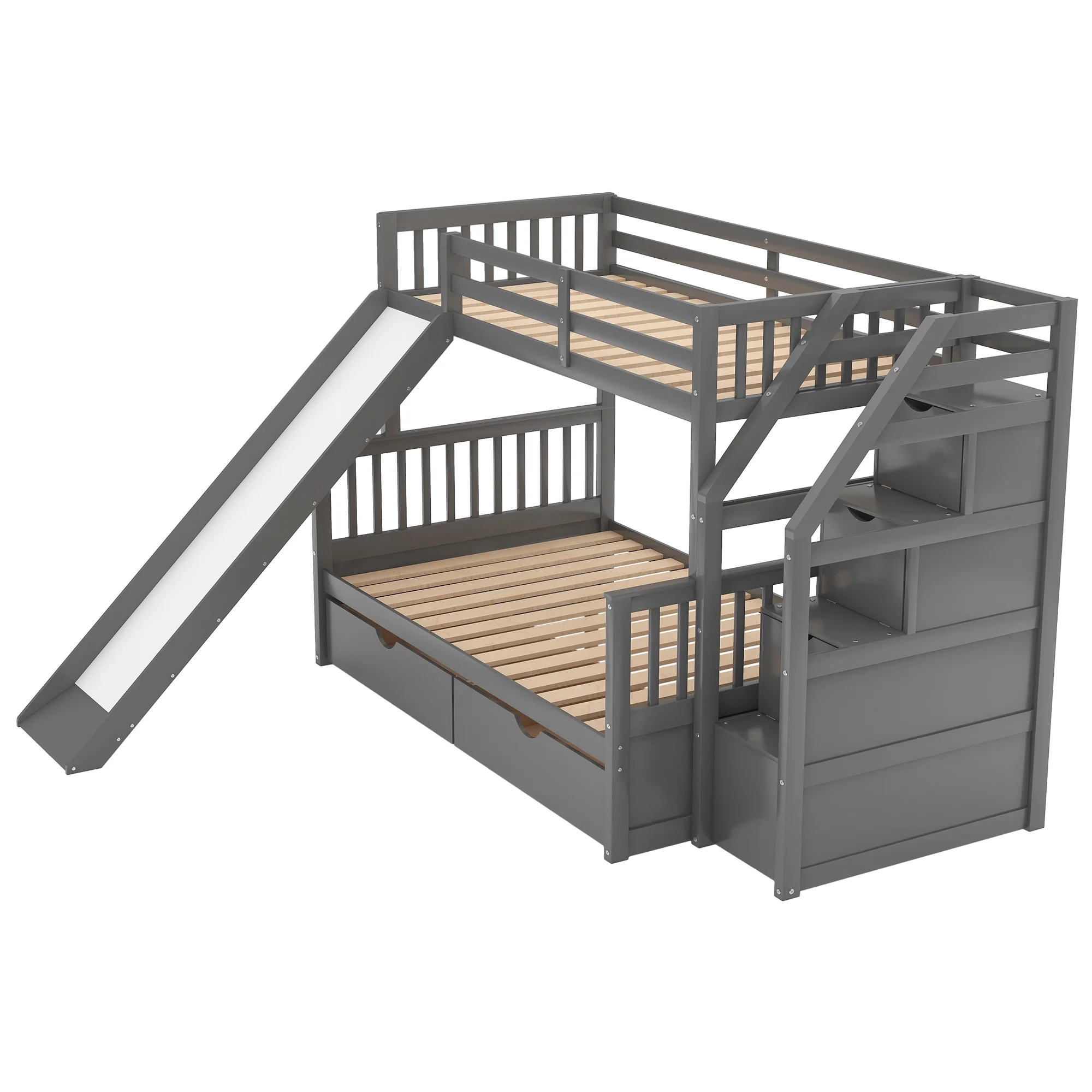 Euroco Wood Twin over Full Bunk Bed with 2 Drawers and Slide, Storage Staircase for Bedroom, Gray - Radiant Selections
