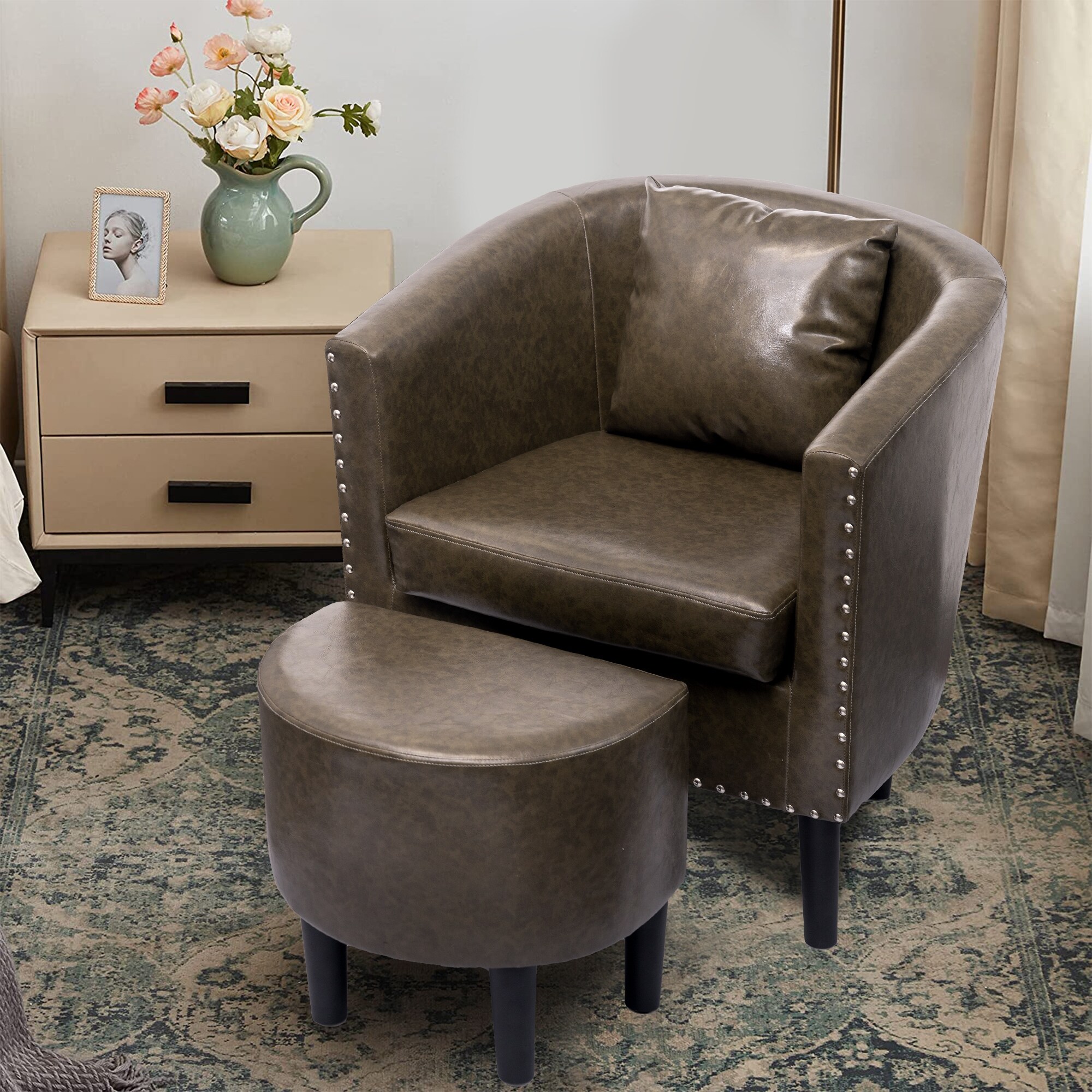 Modern Accent Chair with Ottoman Set, PU Leather Upholstered Club Round Arms Chair Club Chairs White Rubberwood Nailheads Urban