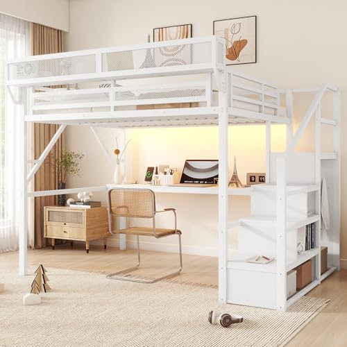 Full Size Loft Bed with Desk and Stairs, Heavy-Duty Steel Loft Bed Frame with Wardrobe & LED Light
