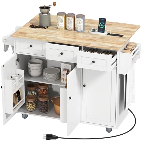 HOMCOM Rolling Kitchen Island with Power Outlet and Drop Leaf, 53" Island Table with Wood Top, 3 Drawers, Adjustable Shelf, Spice & Towel Rack