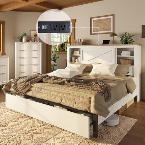 AMERLIFE 47.2" H King Bed Frame with Hidden Space Bookcase Headboard and Charging Station, Beds with 2 Storage Drawers and Wood Slats