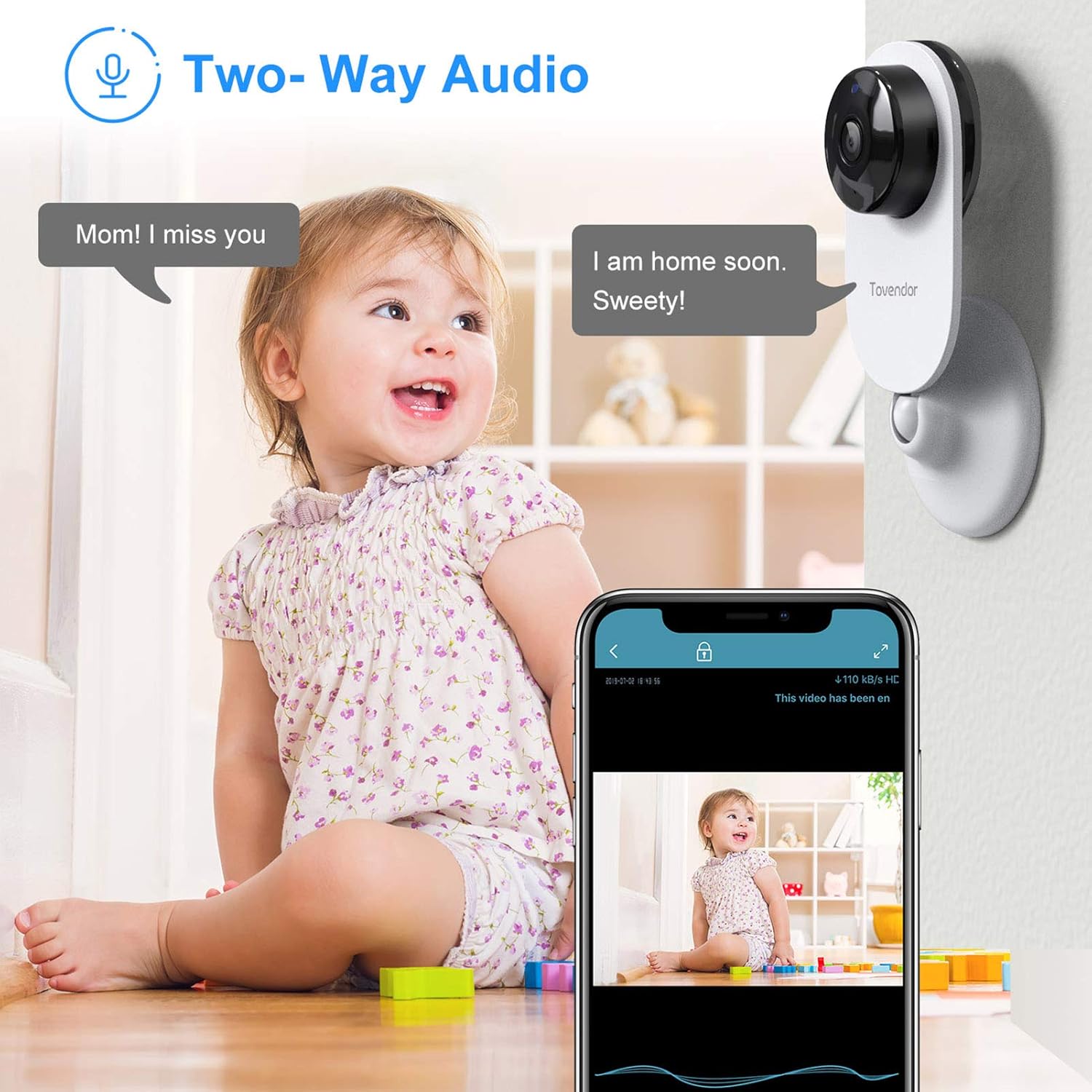 Tovendor Mini Smart Home Camera, 1080P 2.4G WiFi Security Camera Wide Angle Nanny Baby Pet Monitor with Two Way Audio, Cloud Storage, Night Vision