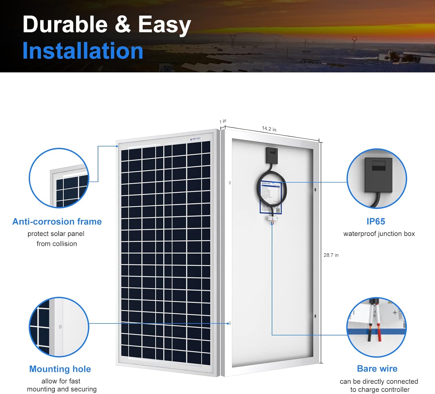 ACOPOWER 25W Poly Solar Panel, 25 Watt 12 Volt Small Solar Panel Single High Efficiency Polycrystalline Module for Battery Charger, Lighting, Boat