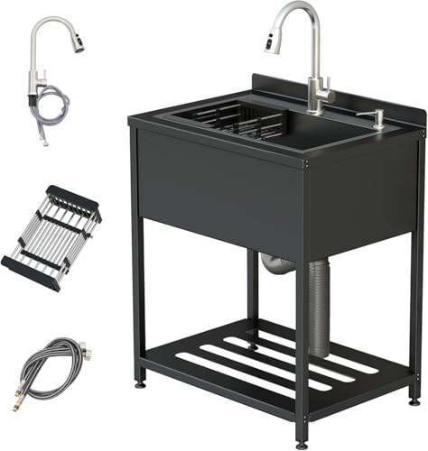 Stainless Steel Utility Sink, 30.8" × 22" × 39.5"Freestanding Sink with Cold and Hot Water Faucet,Hoses and Drain Kit for Kitchens, Bathrooms, Garage