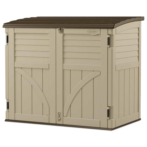 Suncast Horizontal Shed, Compact Outdoor Storage System, 34 Cu. Ft. Capacity, Sand & Slate - Lockable Multi-Wall Resin Organizer for Garbage Cans