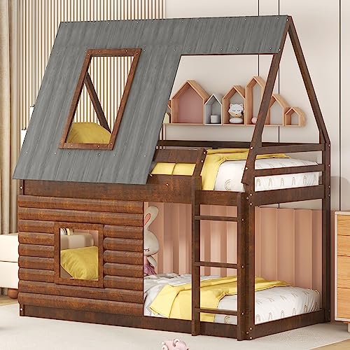 Twin Over Twin Bunk Bed House Shaped with Roof and 2 Windows, Wood Frame Floor BunkBed for Kids Boys Girls, Oak & Smoky Grey