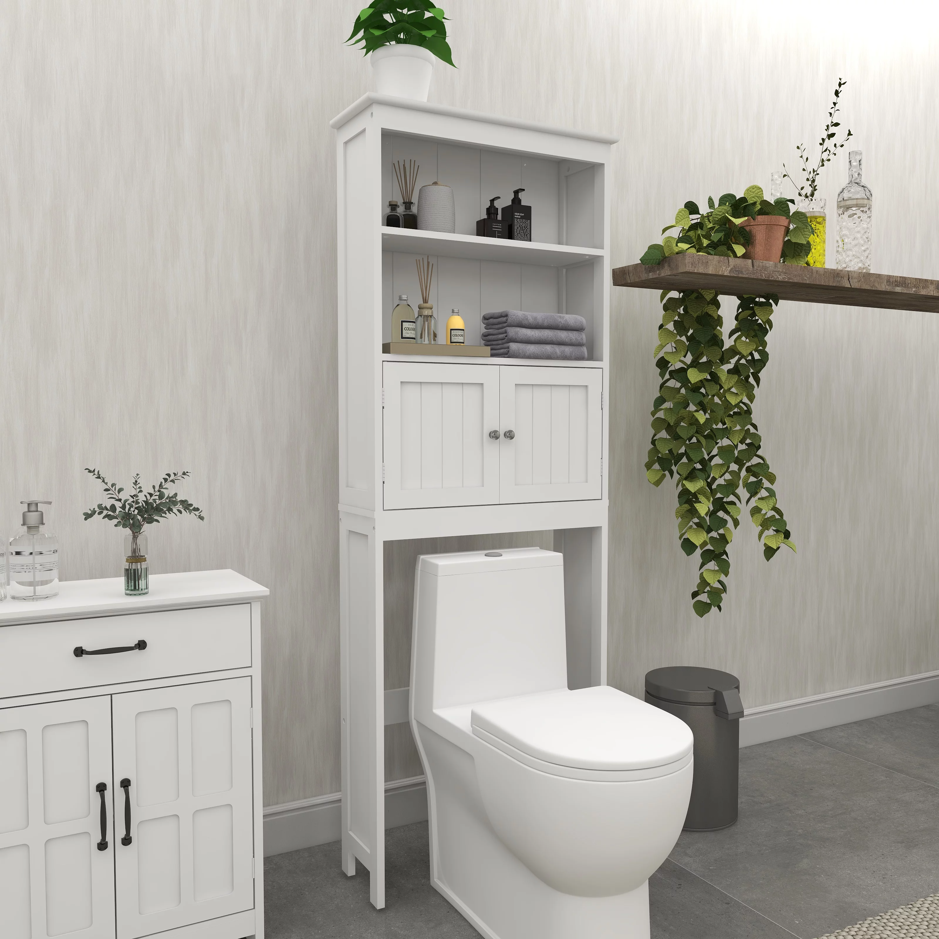 Over The Toilet Rack 2 -Tier Toilet Bathroom Spacesaver Storage Shelf with 2 Doors Wood Storage Organizer Cabinet for Bathroom Freestanding