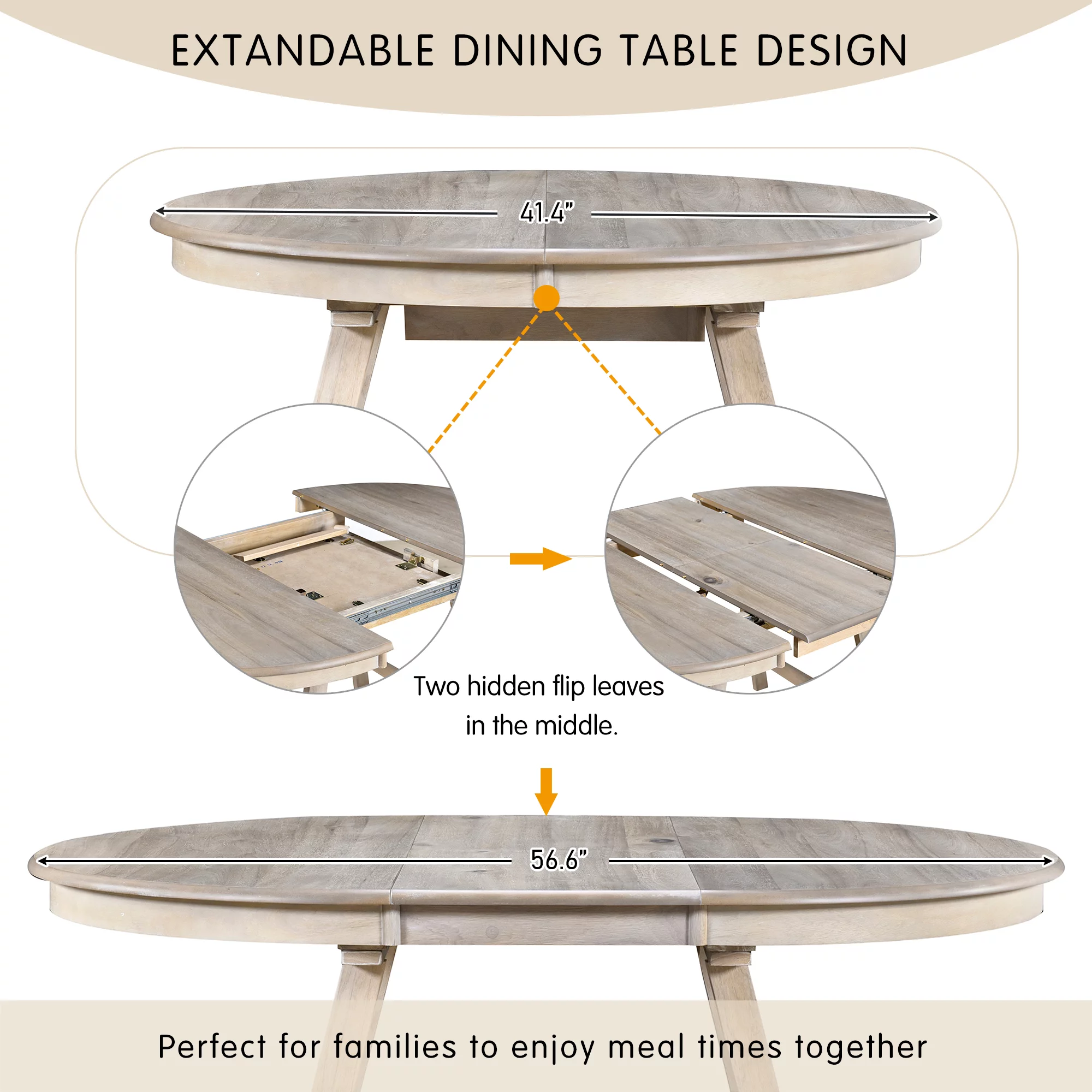 Besthome 5-Piece Wood Dining Table Set Round Extendable Dining Table with 4 Dining Chairs