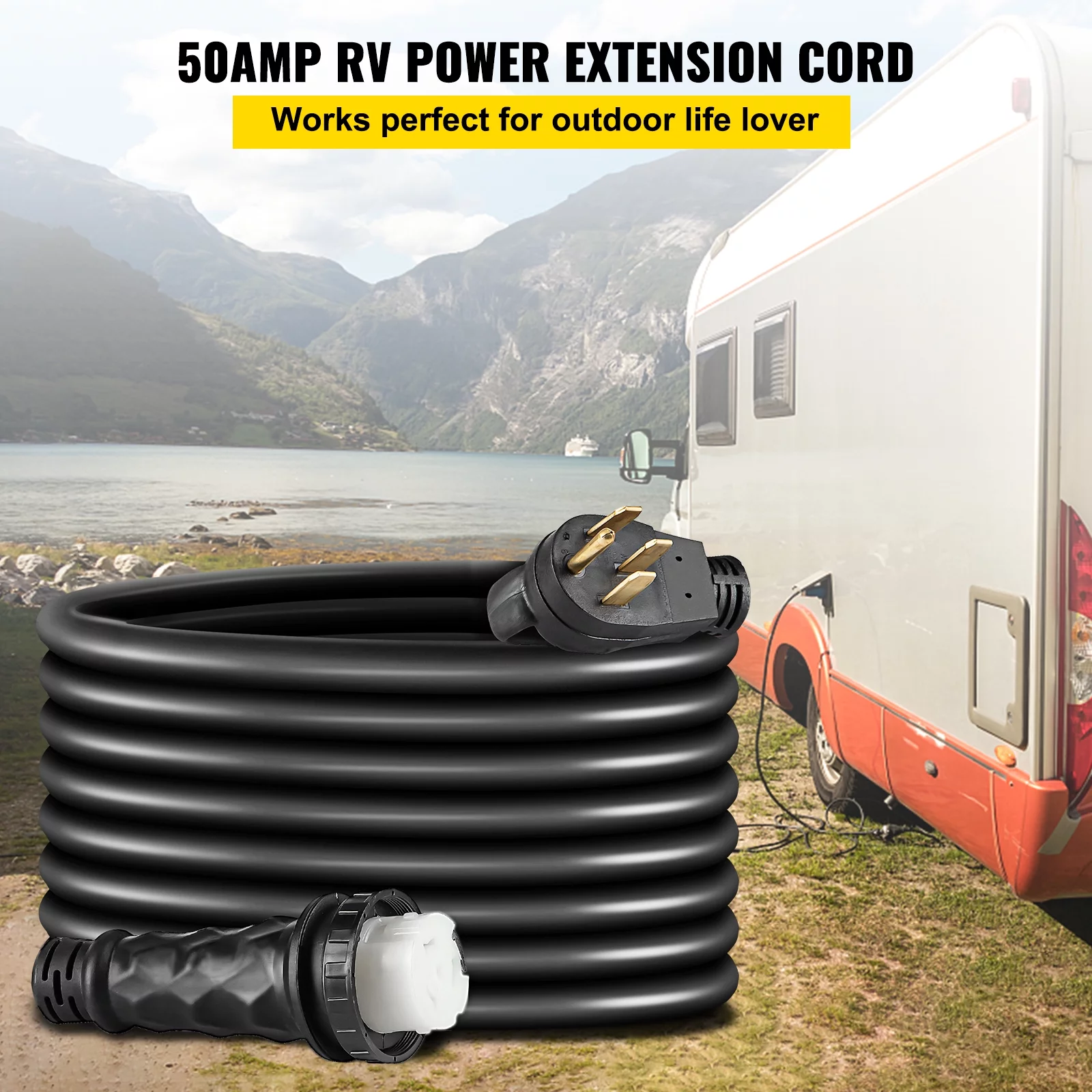 VEVOR RV Shore Power Extension Cord 50Ft 50 AMP Weatherproof Heavy Duty 6AWG/3C+8AWG/1C Twist Lock Cord 50 Amp RV Replacement Cord UL and CSA