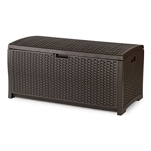 Suncast Outdoor Storage Box - 73 Gallon Mocha Brown Deck Box for Patio, Waterproof Outdoor Storage Bench, Resin Wicker Style, Heavy-Duty
