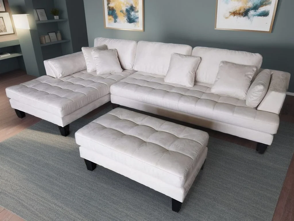 STENDMAR 3pc L Shape 120" Contemporary Cream Microfiber Sectional Sofa Chaise Ottoman S168LW