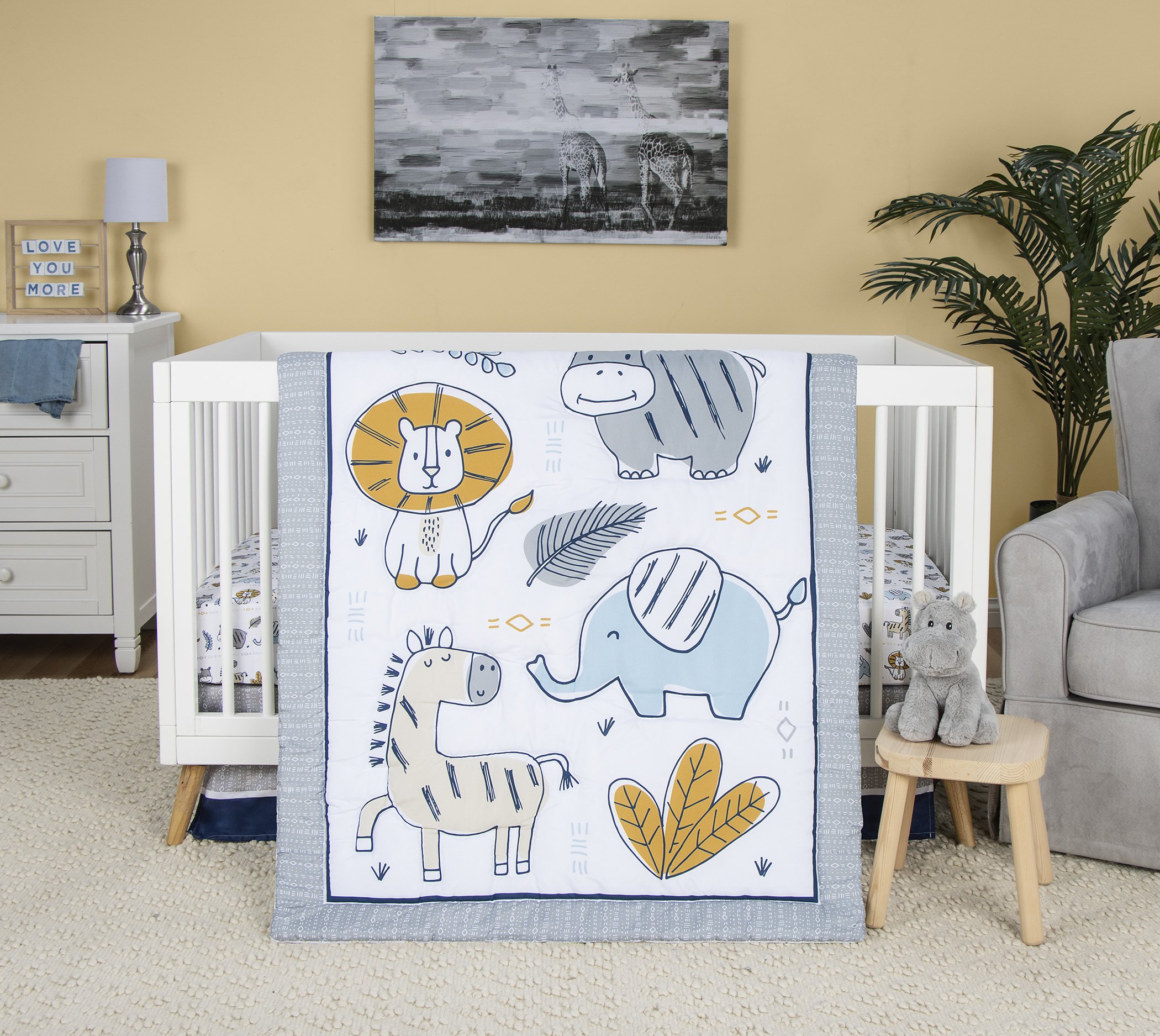 Sammy & Lou Zambia 4 Piece Crib Bedding Set. White, Tan, Orange, Blue, Navy and Gray Set is 100% Microfiber
