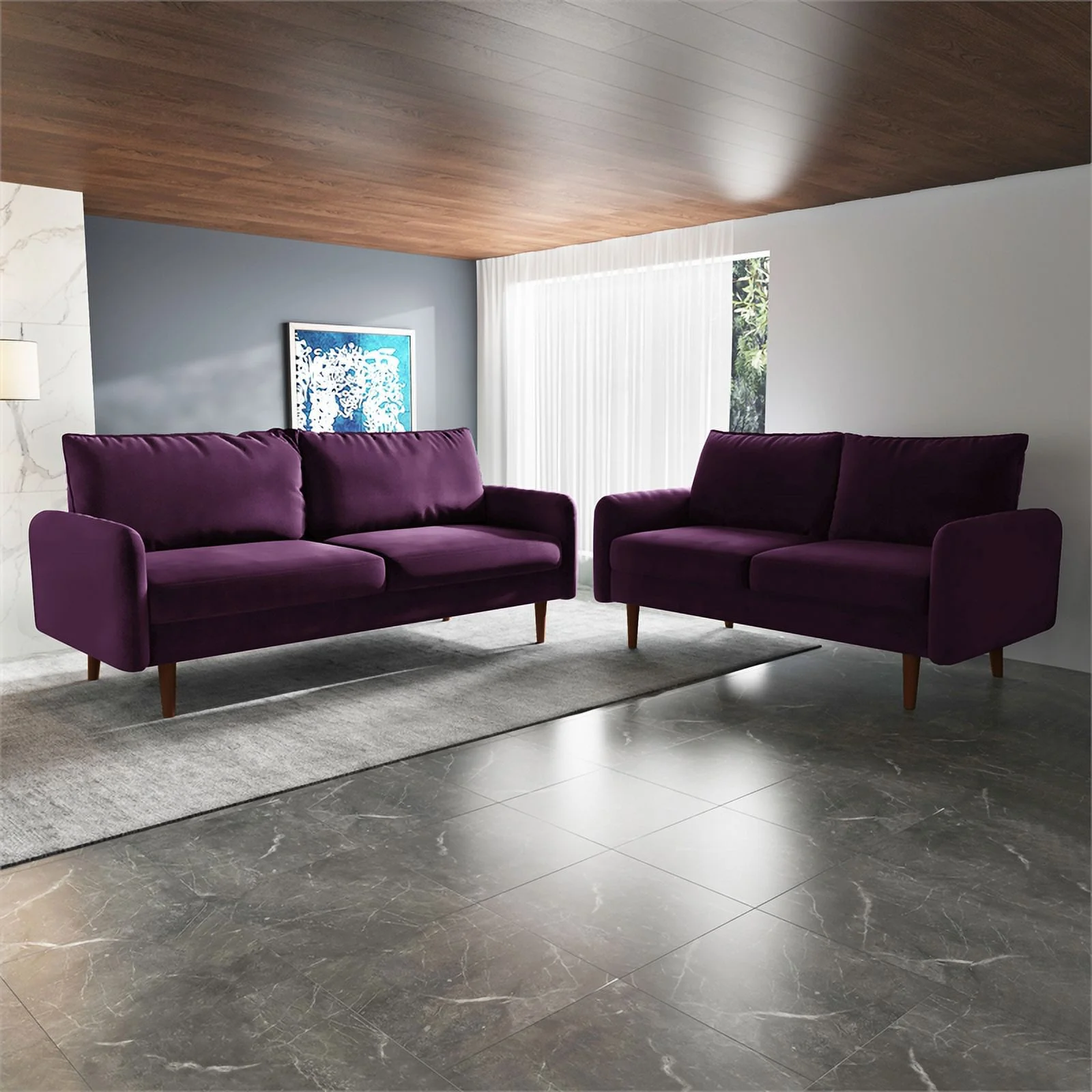 Pemberly Row Contemporary 70" Upholstered Velvet Sofa in Purple