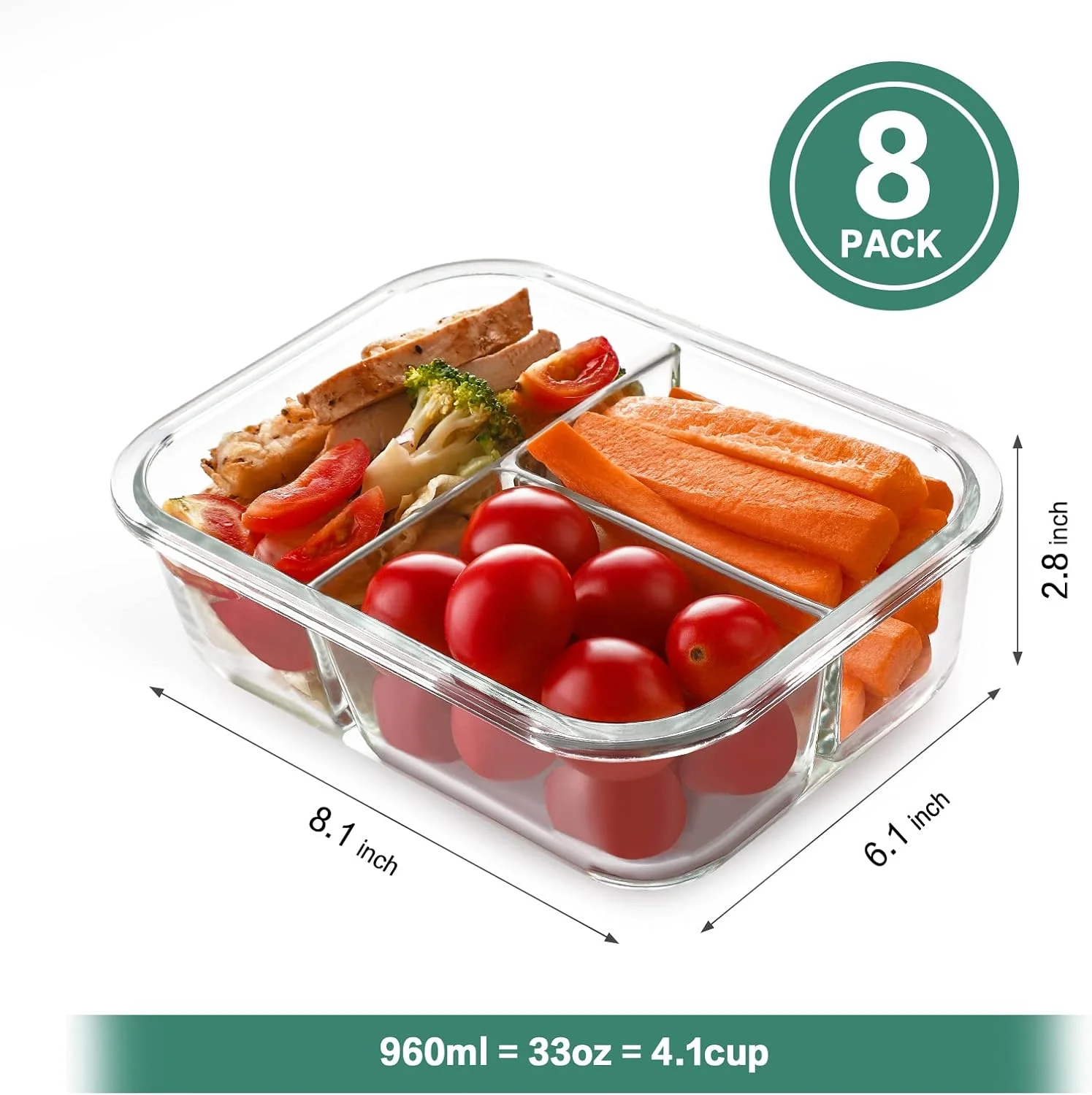 8 packs of 36 oz glass meal preparation container 3 compartments with lid, sealed lunch bento box