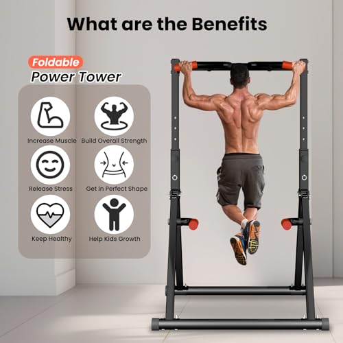 Power Tower Pull Up Dip Station Foldable, Pull Up Bar Station Adjustable, Multi-Function Home Gym, Strength Training Fitness Equipment