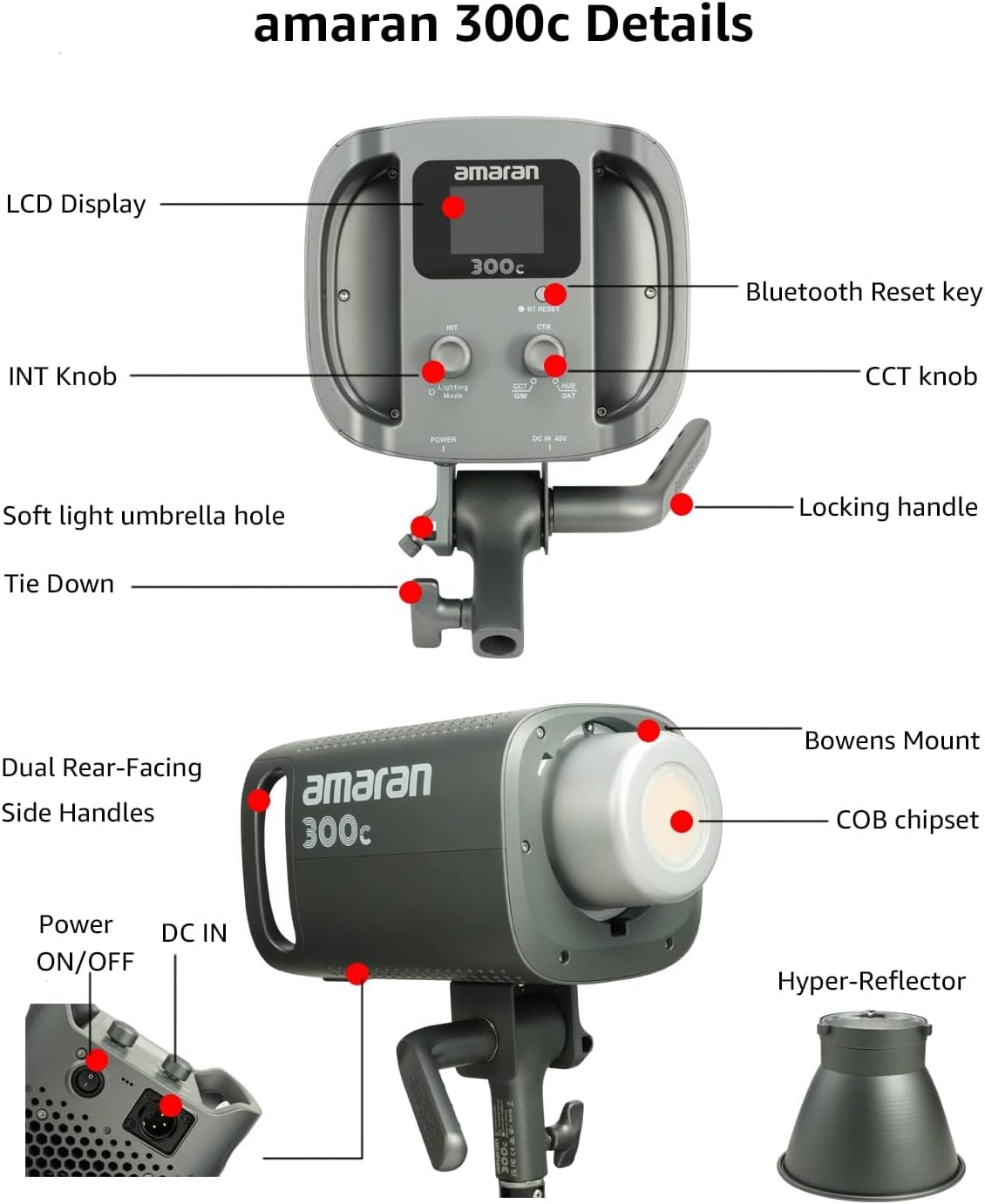 Amaran 300c RGB Studio Light, Bowen Mount LED Video Light with Hyper Reflector Support APP Control