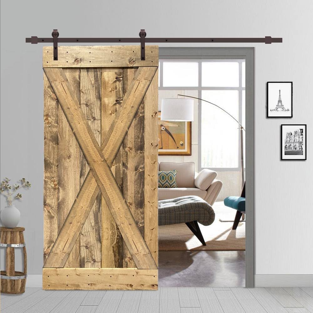 CALHOME x Series 36 in. x 84 in. Pre-Assembled Weather Oak Stained Wood Interior Sliding Barn Door with Hardware Kit