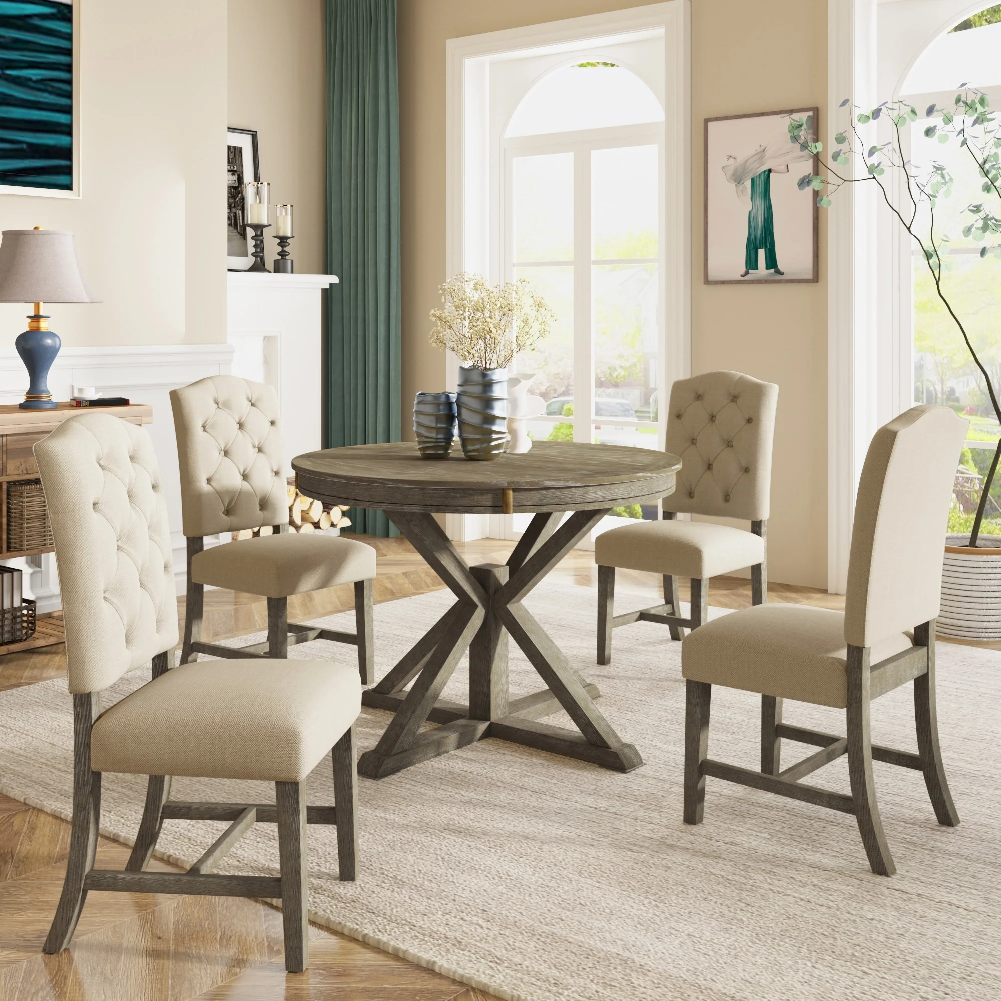 5 Piece Dining Table Set with Extendable Table & 4 Upholstered Chairs