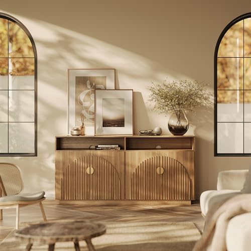 BELLEZE 65 Inch Fluted Buffet Cabinet with Storage, Symmetrical Arc Accent Sideboard Large Console Table for Dining Room, Kitchen