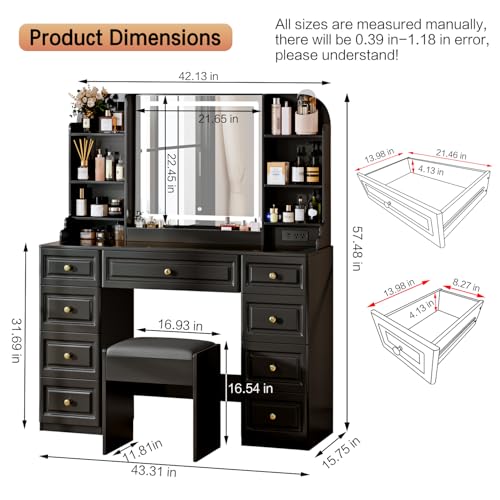 43" Makeup Vanity Desk with Mirror and Lights, & Power Outl, Glass Top Big Vanity Table with 9 Drawers& 8 Storage Shelves