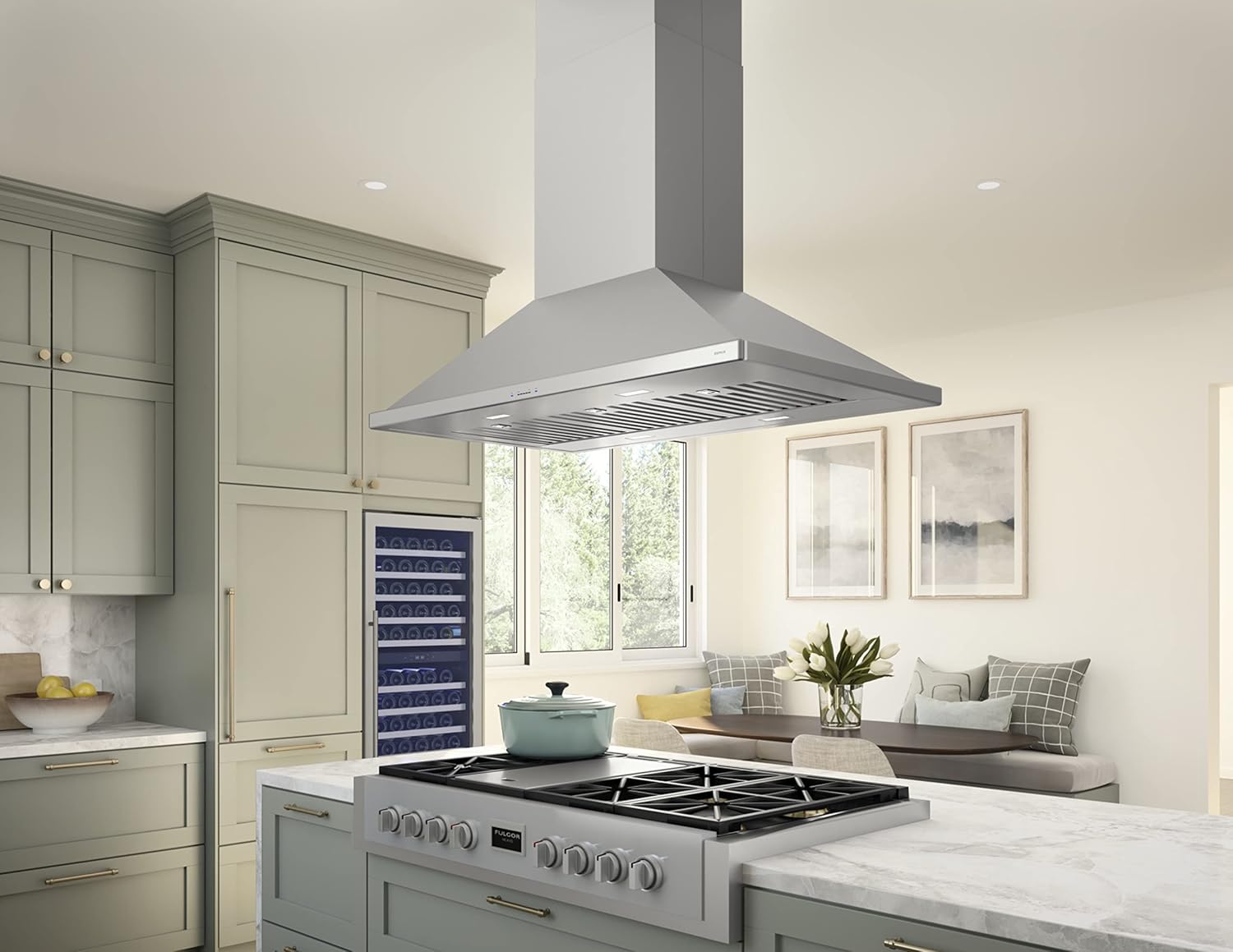 Zephyr ZSL-E42C Sienna Pro Island 390-1200 CFM 42 Inch Wide Island Range Hood with Airflow Control Technology and ICON Touch Controls