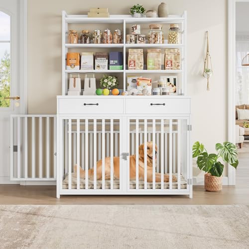 Keyluv 71''H x 47.2''W Large Dog Crate Furniture with 4-Tier Shelves and 2 Storage Drawers, Heavy Duty Dog Cage Furniture with 2 Doors
