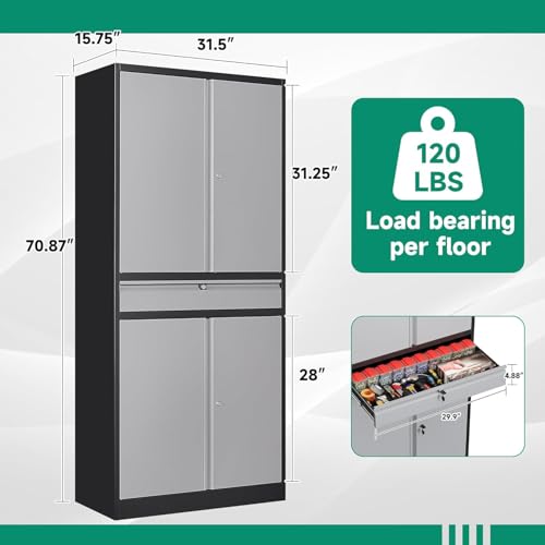 Letaya Metal Garage Storage Cabinet with Drawer,4 Door Tool Cabinet with Lock-2 Adjustable Shelves for Garage Home Office Utility Room (Black)