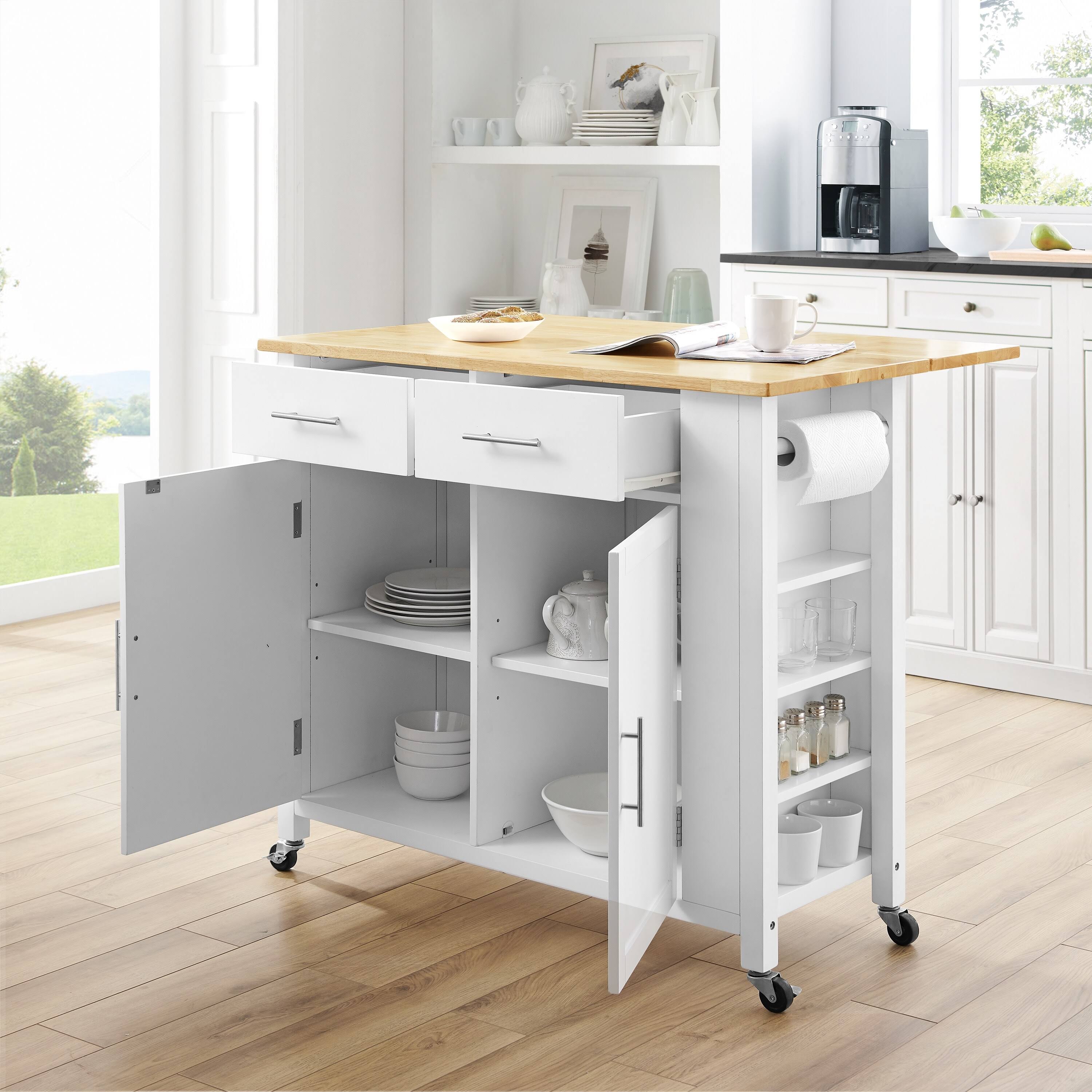 Crosley Savannah Drop-Leaf Kitchen Island Cart White Natural Wood Top