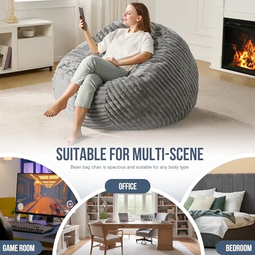 Hobestluk 5ft Bean Bag Chairs for Adults Large Beanbag Chair with Stripe Plush Cover Big Bean Bag Chair for Living Room Bedroom Dorm Office -Black