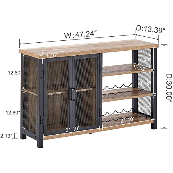 BON AUGURE Industrial Bar Cabinet for Liquor and Glasses, Rustic Wood and Metal Wine Rack Table, &nbsp;Accent Sideboard Buffet with Doors (47 Inch