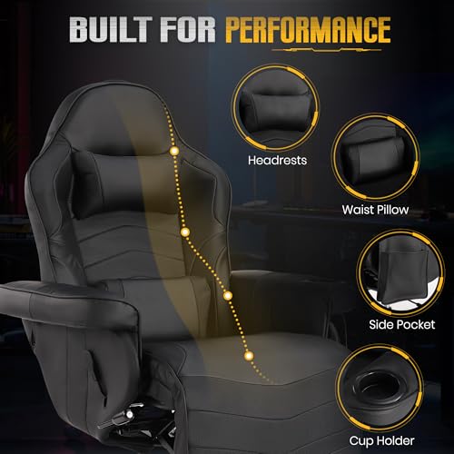 Massage Gaming Recliner Chair with Cup Holder & Side Pockets – Ergonomic PU Leather Video Gaming Chair with Footrest, Manual Recline