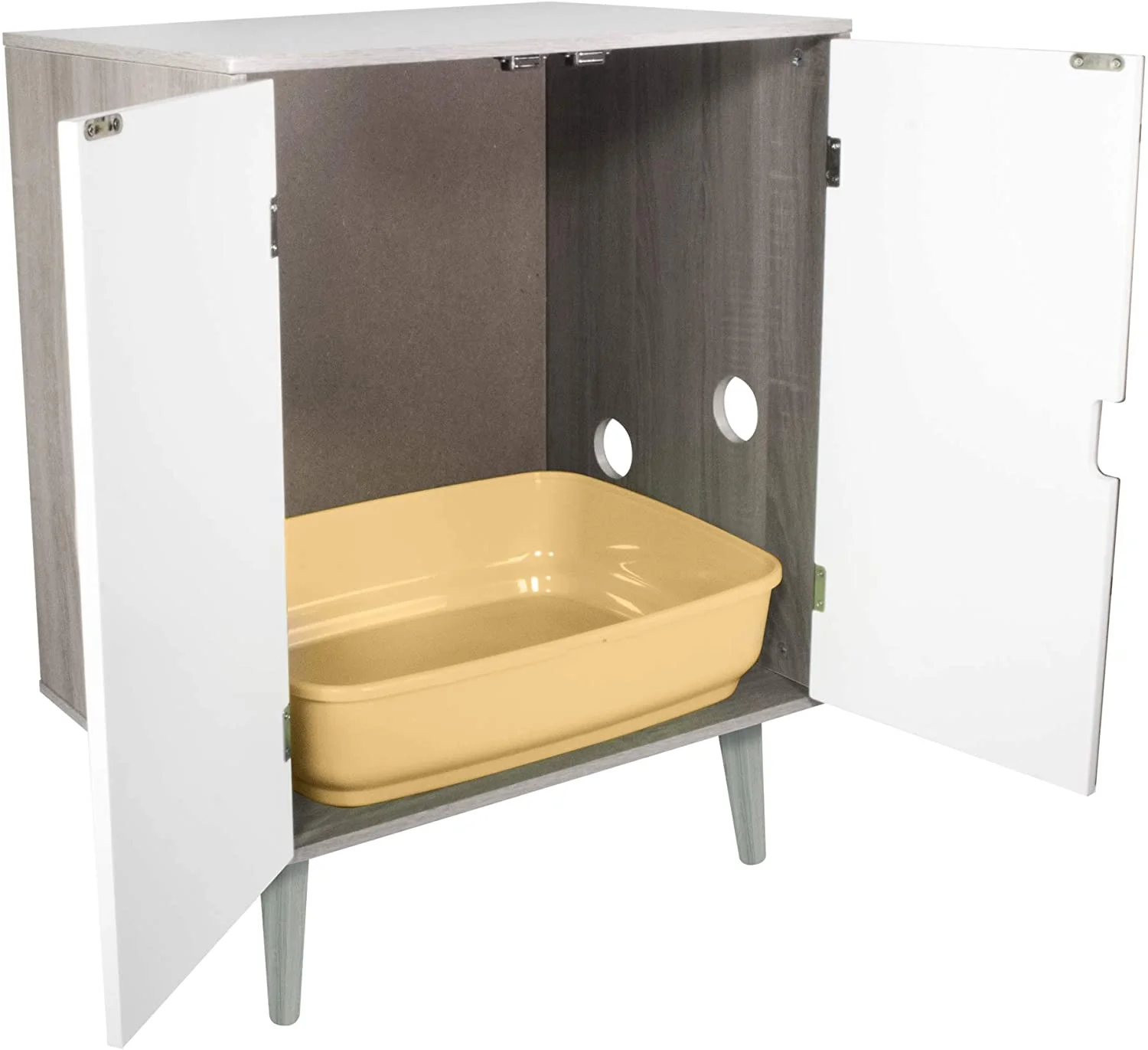 Penn-Plax Cat Walk Furniture: Contemporary Home Cat Litter Hide-Away Cabinet &ndash; Grey Wood Grain with White Doors