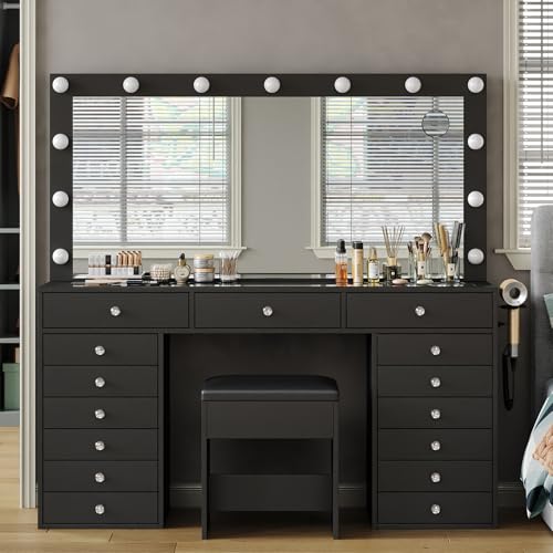 55" W Vanity Desk, Makeup Vanity with Charging Station, 15 Drawers with Lighted Mirror, 3 Lighting Modes, Brightness Adjustable, Glass Top