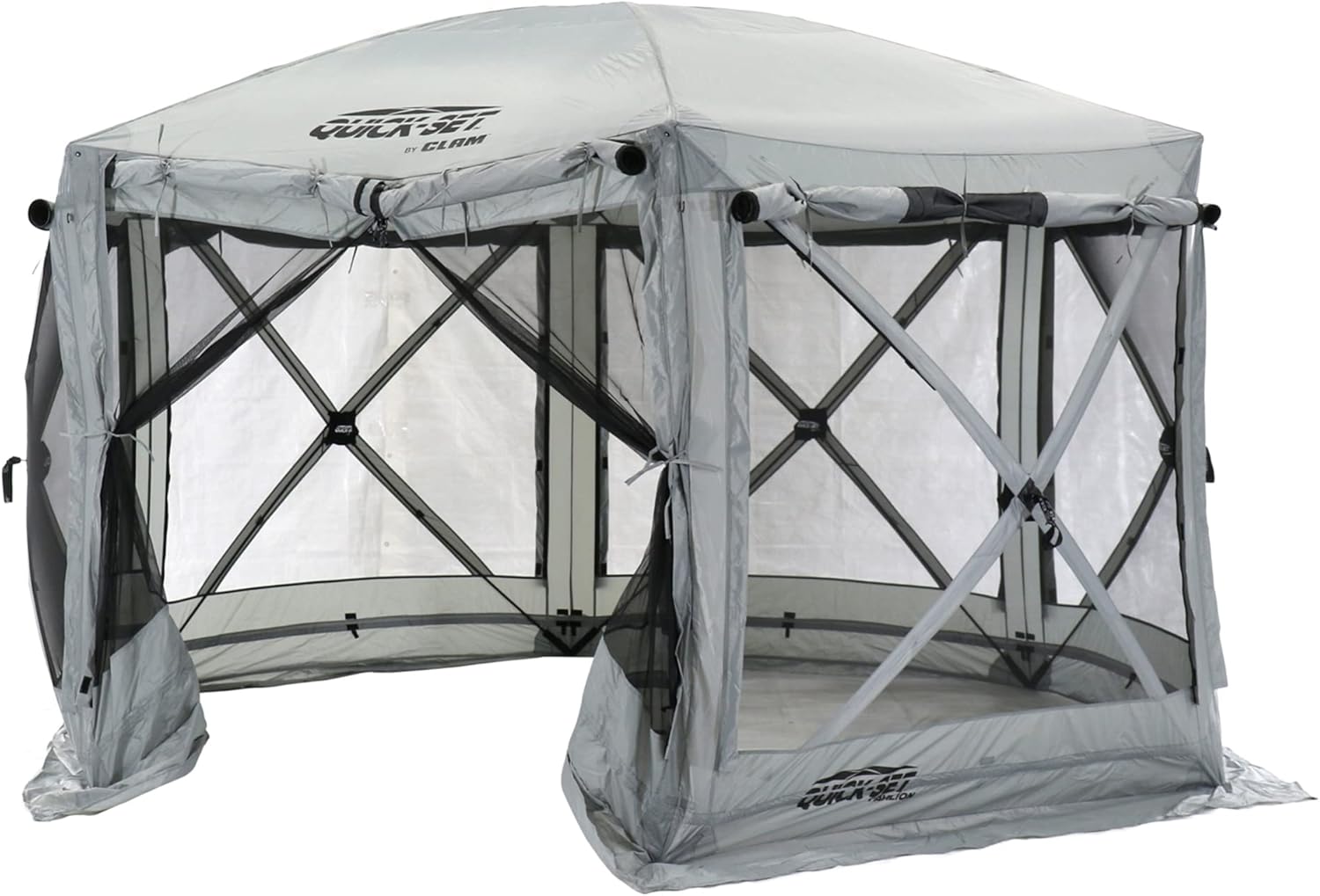 CLAM Quick-Set Pavilion 12.5 x 12.5 Ft Portable Pop-Up Outdoor Camping Screen Tent 6-Sided Canopy Shelter w/ Built-in Wind Panels & Carry Bag, Gray