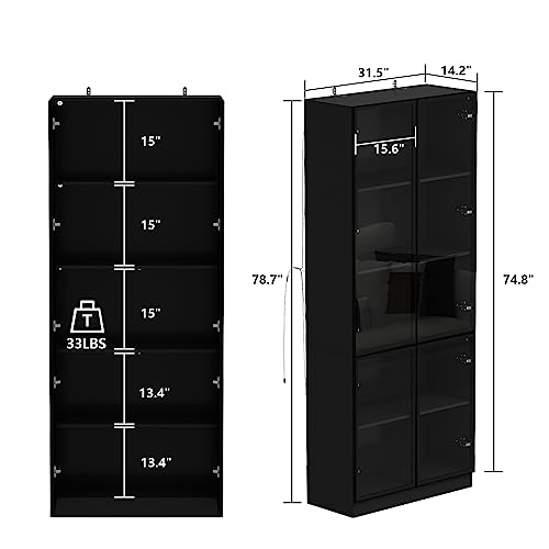 Hitow Glass Door Cabinet with Lights and 4 Storage Shelves, Tall Modern Display Storage Organizer with 2 Drawers and 2 Doors