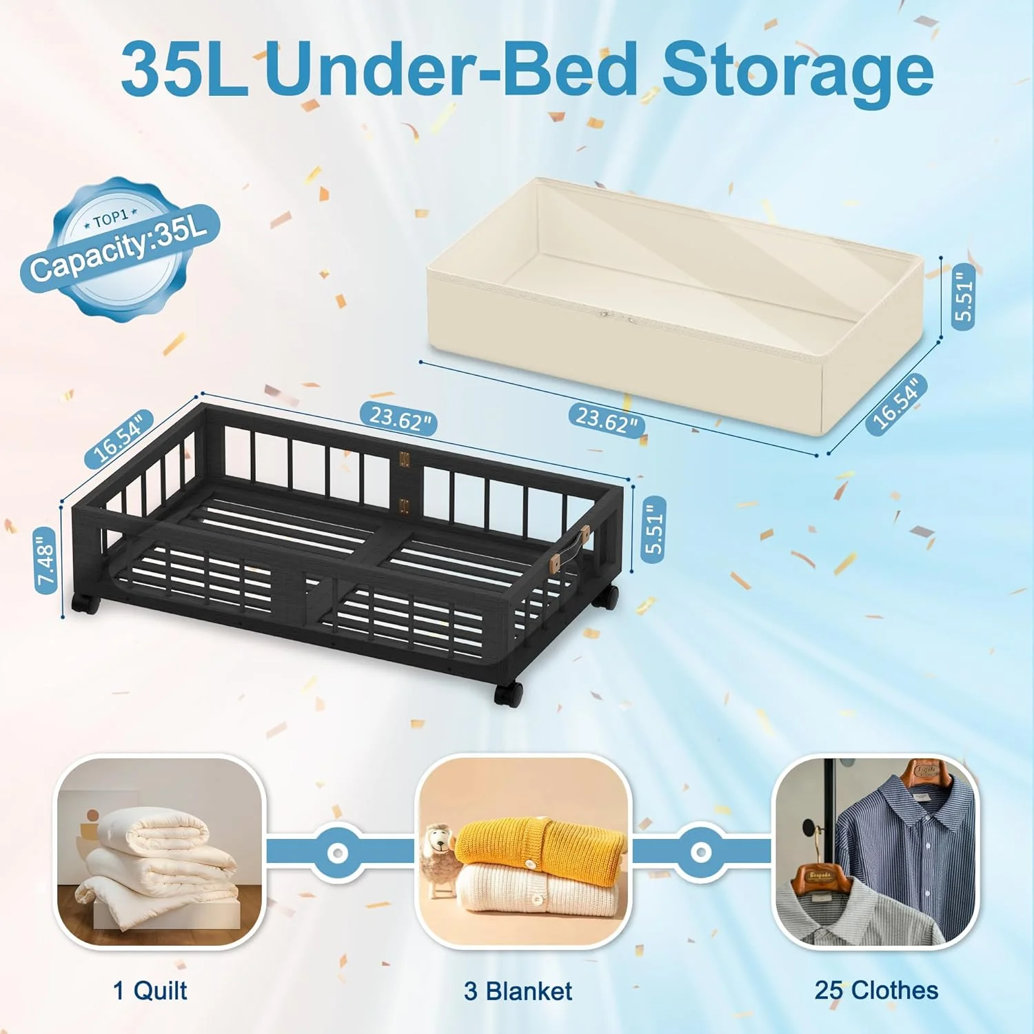 2-Pack Bamboo Under Bed Storage Containers with Wheels, Under Bed Clothes Storage Basket with Large Dust Bag, Rolling UnderBed Storage for Bedroom
