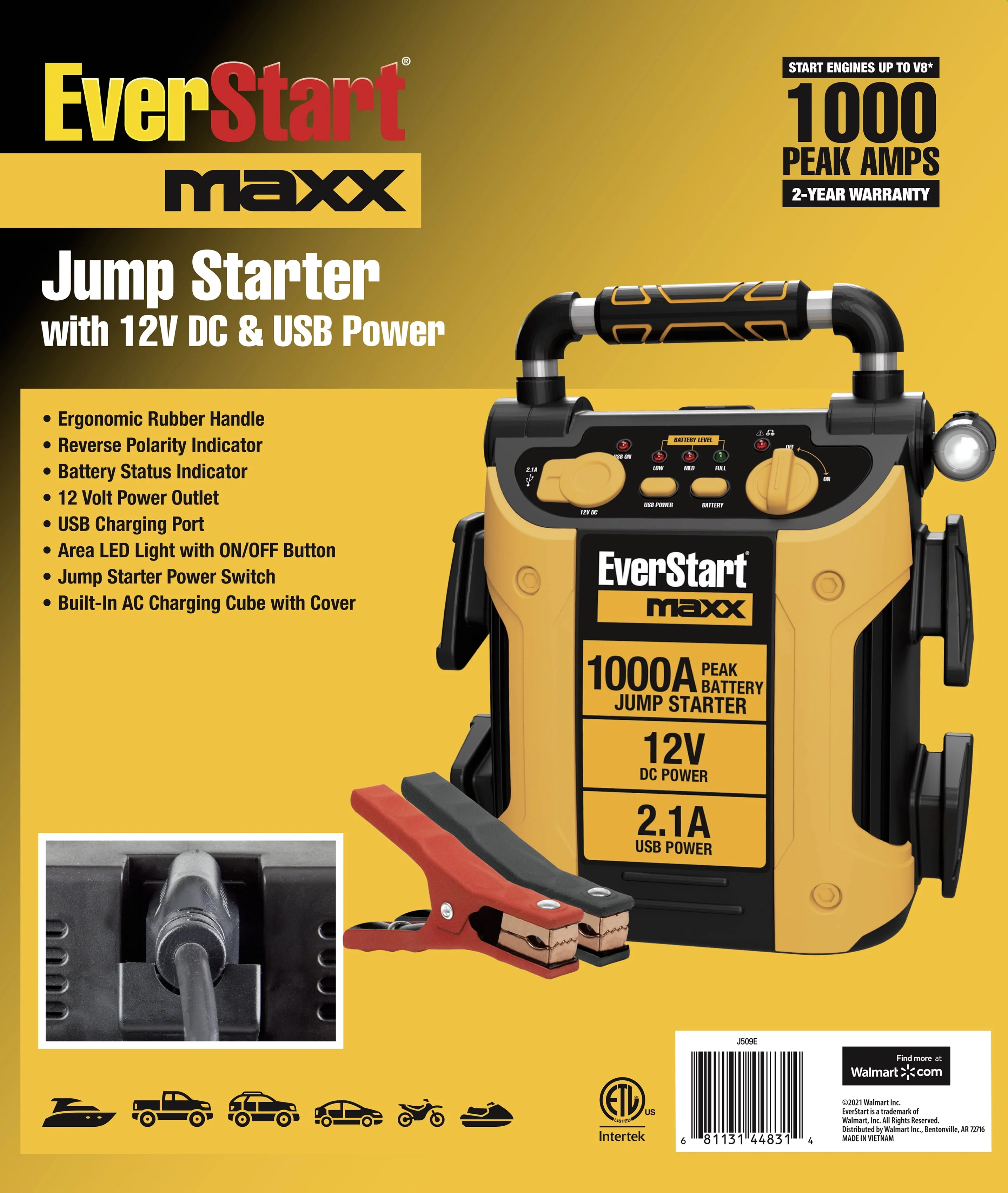 EverStart J509E 1000 Peak Amp Jump Starter, Pivoting LED Light, DC and USB Port