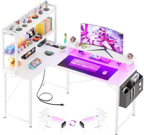 Homieasy L Shaped Computer Desk with Bookshelf, 47 Inch Reversible Corner Gaming Desk with Charging Station & Led Light