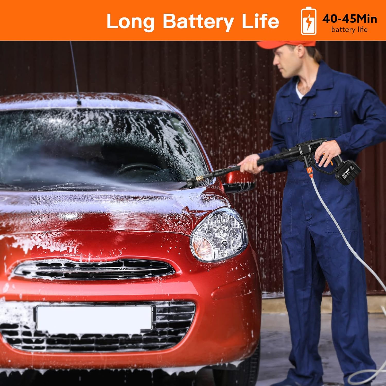 Cordless Power Washer, Portable Cordless Pressure Washer with 5-in-1 Spray Nozzle, 2.25Ah Battery, Max 507PSI / 1.08GPM for Washing Cars/Fences/Siding