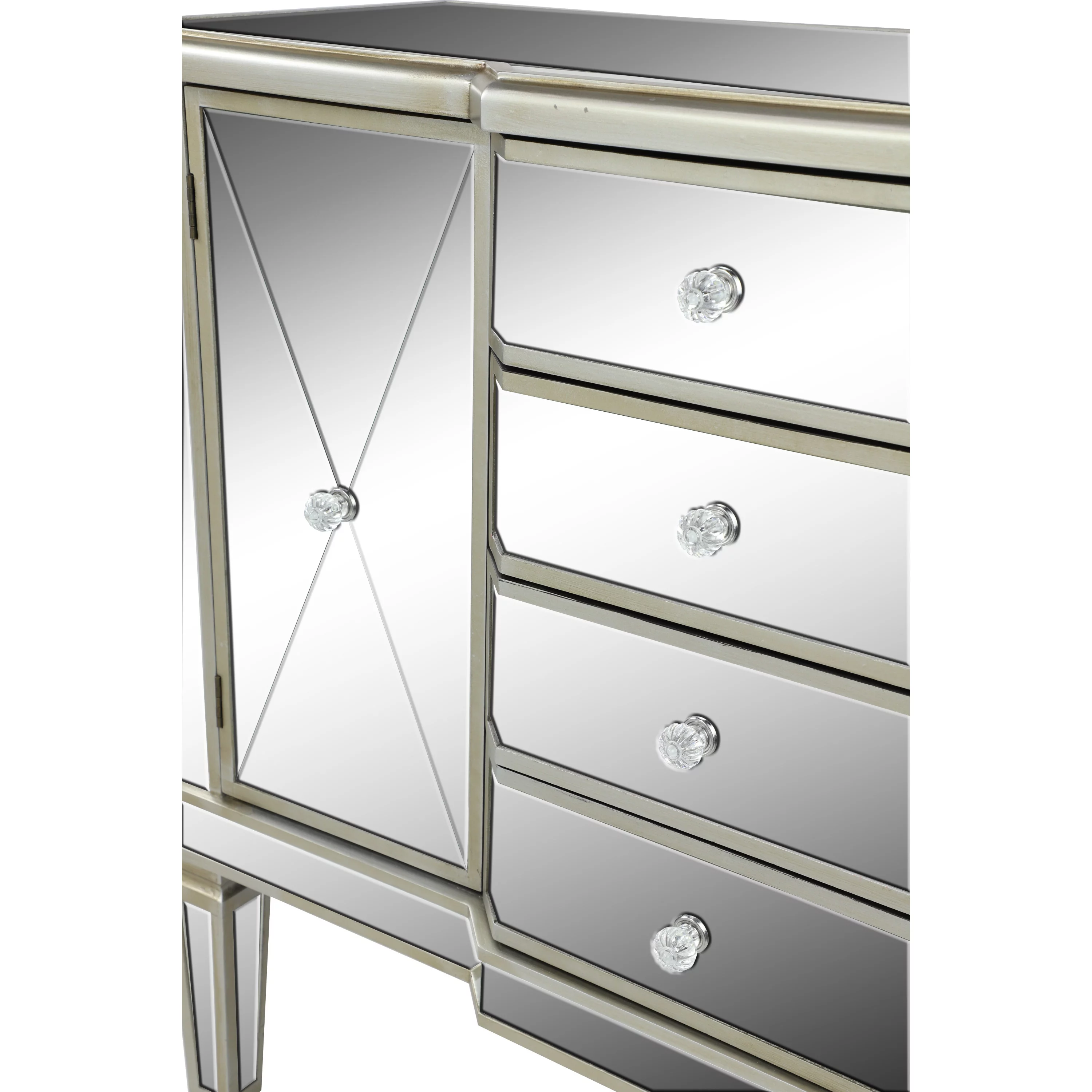DecMode 39" x 34" Silver Wood Mirrored Panel 4 Drawers 2 Shelves and 2 Doors Buffet with Acrylic Knob Handles, 1-Piece