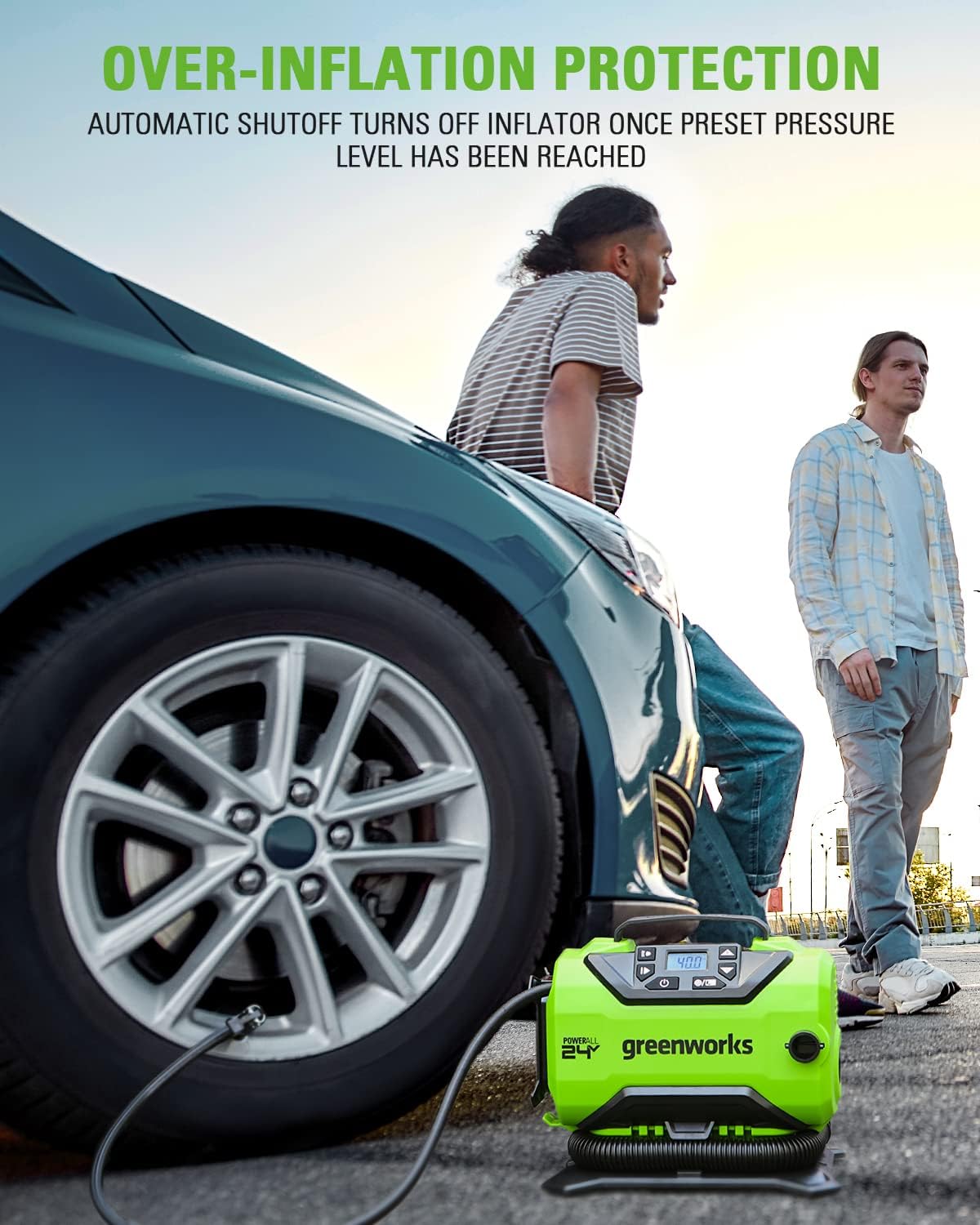 Greenworks 24V Portable Air Compressor - Cordless Tire Inflator Air Pump, MAX 160 PSI, 2 Power Sources, Auto Shut Off, for Car, Bicycle, Motocycle