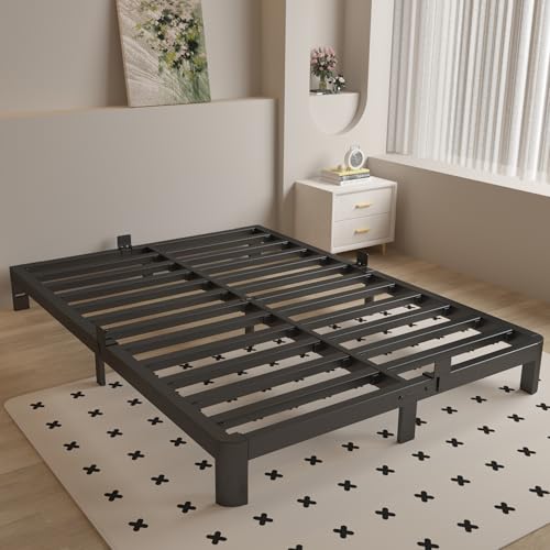 Full Size Bed Frame 16 Inch Black, Metal Platform Full Bed Frame with Baffles, No Box Spring Needed, Heavy Duty Steel Supprt, Rounded Corner Design